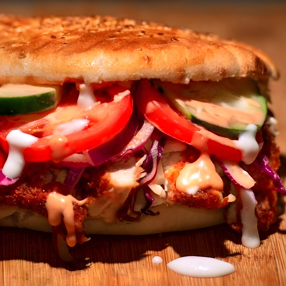 Close-up of a Baba's Kebab sandwich, filled with meat, fresh vegetables, and drizzled with sauces.