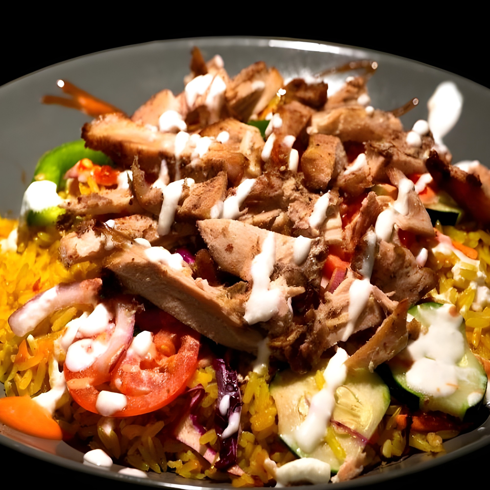 Baba's Kebab chicken shawarma plate with rice, vegetables, and white sauce on a dark plate.