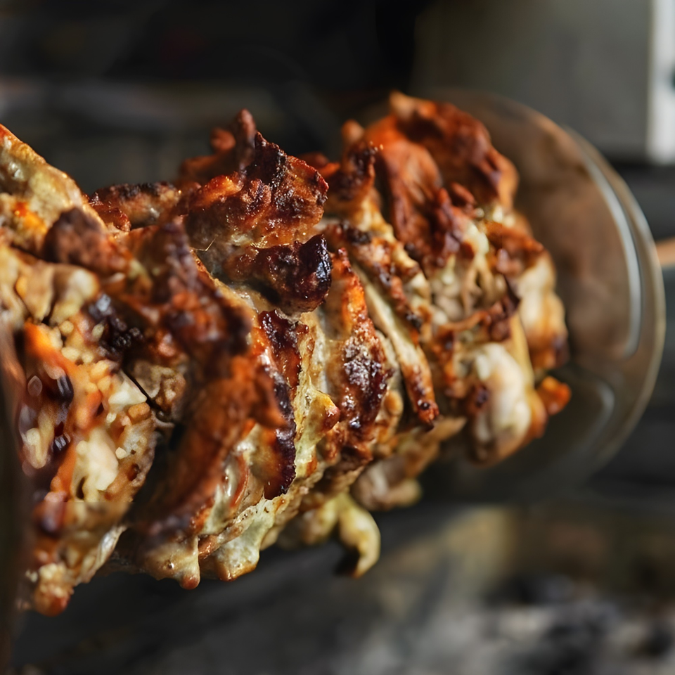 Close-up of a large, rotating kebab skewer with perfectly grilled, juicy meat at Baba's Kebab.